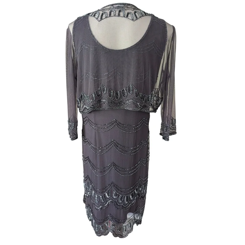 Vintage Art Deco Beaded Purple Mesh Midi Dress Bolero Set Rayon Cocktail Gatsby